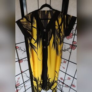 West African Chill Yellow Black Floral Palm Print Dress Large NWOT